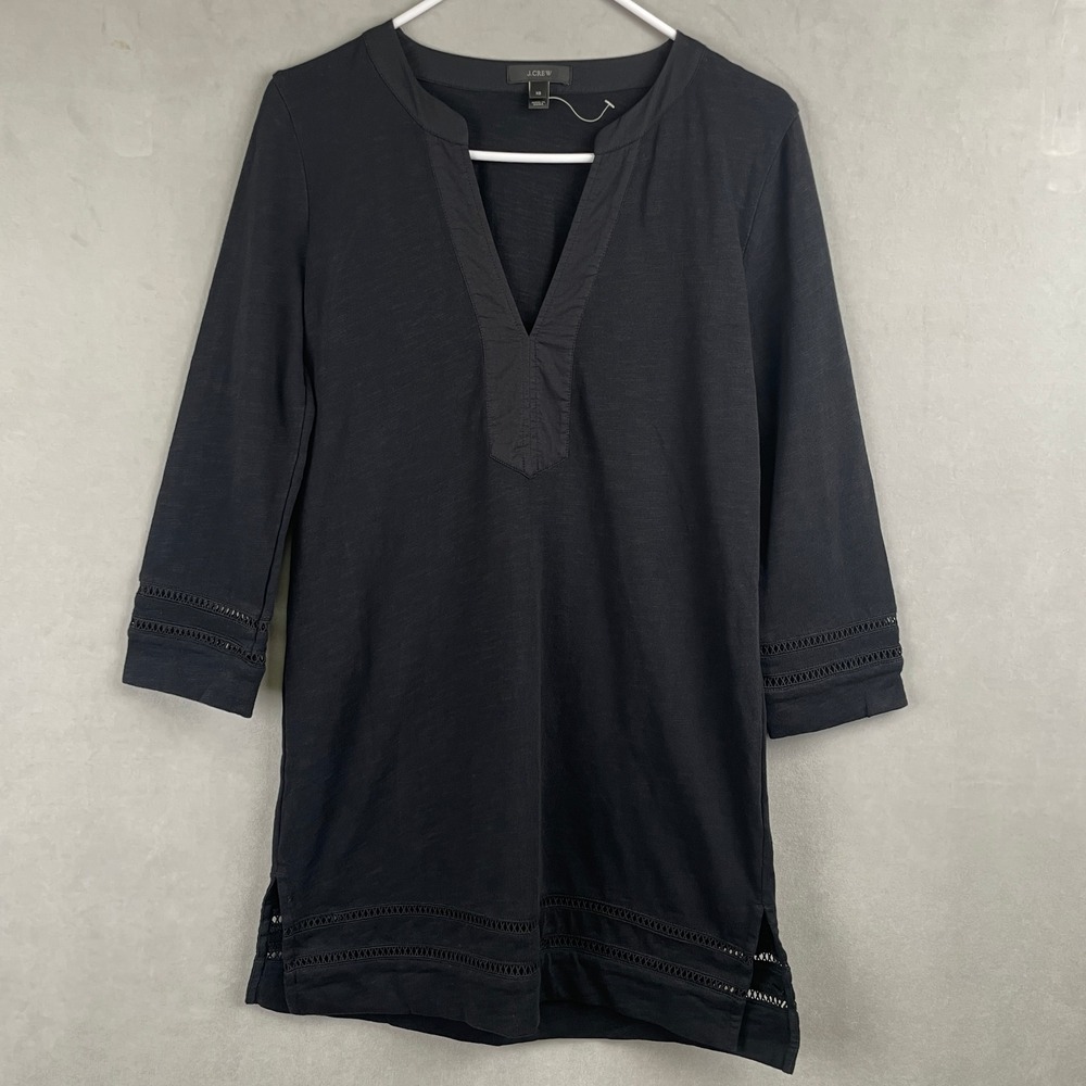 J. Crew Black Cotton Slub Split V-Neck Tunic Crochet Trim Top Beachy Lounge XS